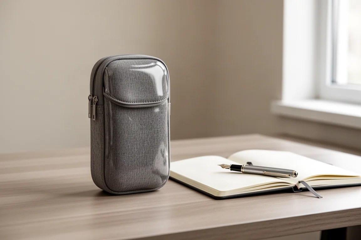 Rond etui met deksel staand op een bureau met glanzende stoflaag