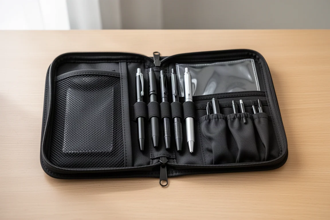 Open fabric pen case showing mesh pocket, pen holder flaps and small-item compartments
