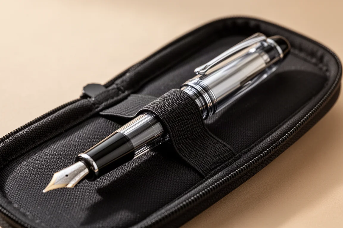 Hands inserting a thick fountain pen into an elastic pen holder inside a pen case