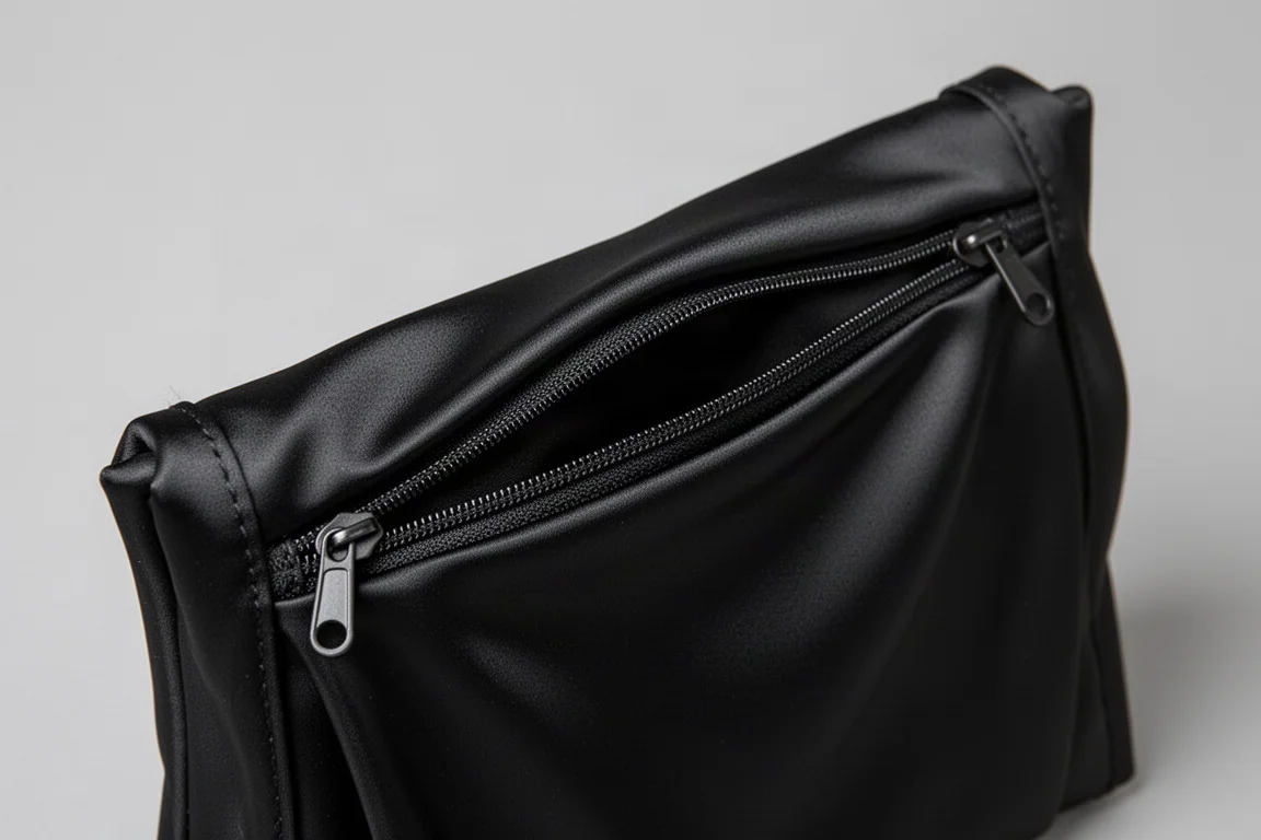 Front zippered pocket of a draped fabric pen case bulging gently with contents