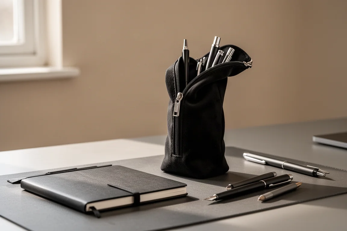 Neat desk setup with a pen case, notebooks and writing tools ready for use