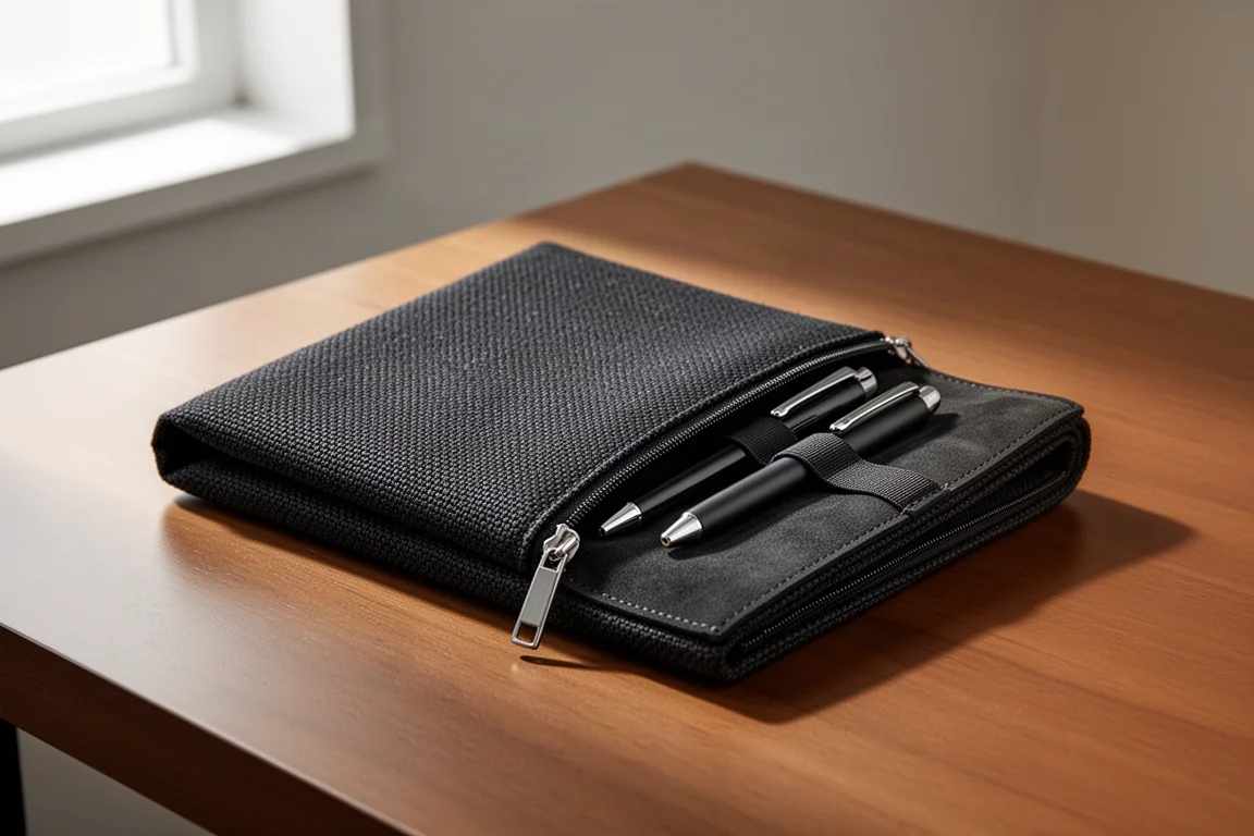 Schwarze Federtasche aus texturiertem Stoff mit Nubuck-artigem Stiftehalter im Inneren