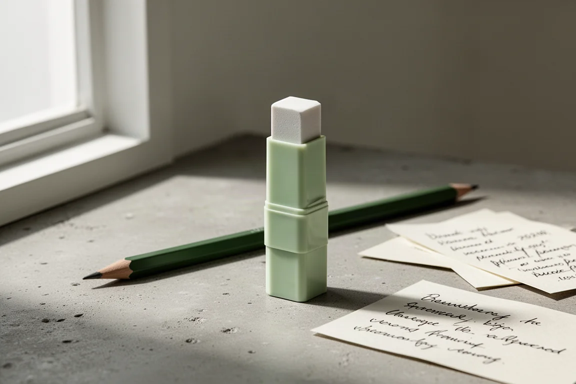 Green Plus Kurutto twist-up eraser case on a concrete surface with a pencil