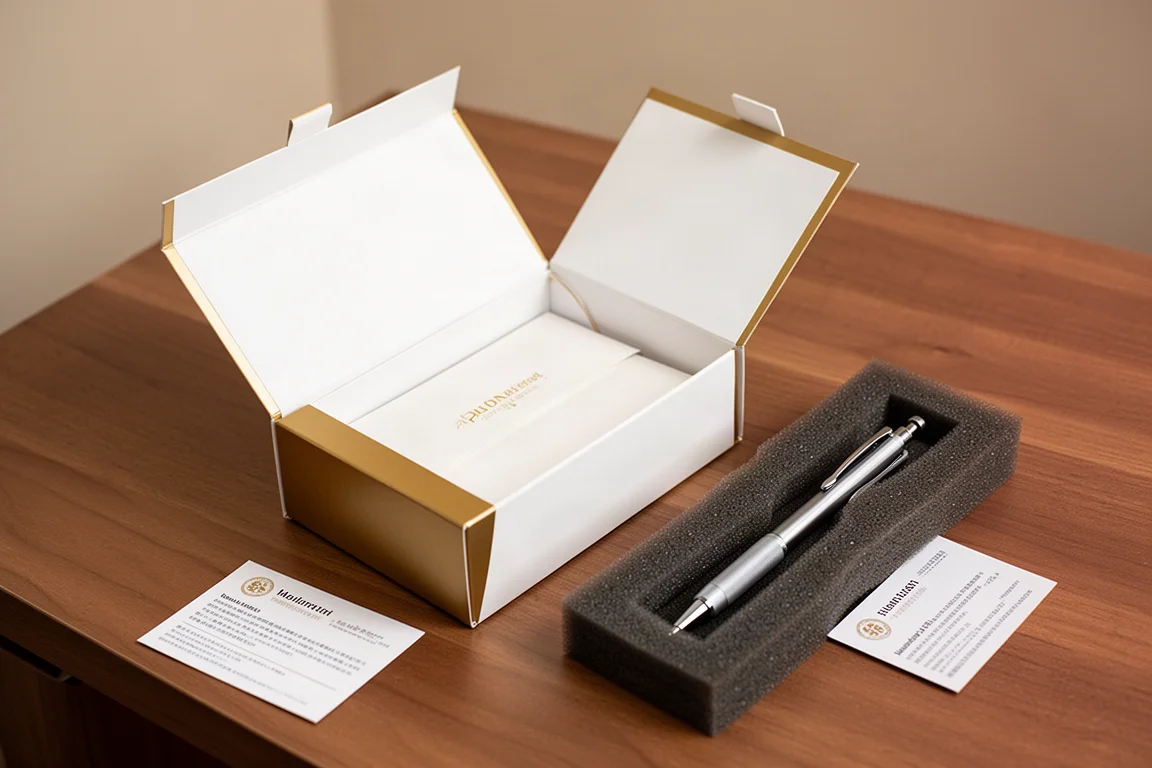 Auspacken eines hochwertigen Druckbleistifts aus einer weiß-goldenen Geschenkbox
