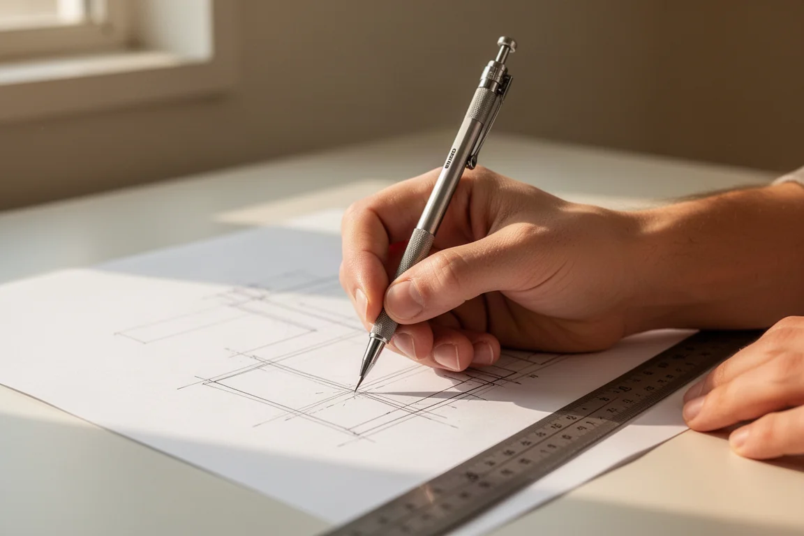 Hand schreibt technische Notizen mit einem Druckbleistift an einem aufgeräumten Schreibtisch