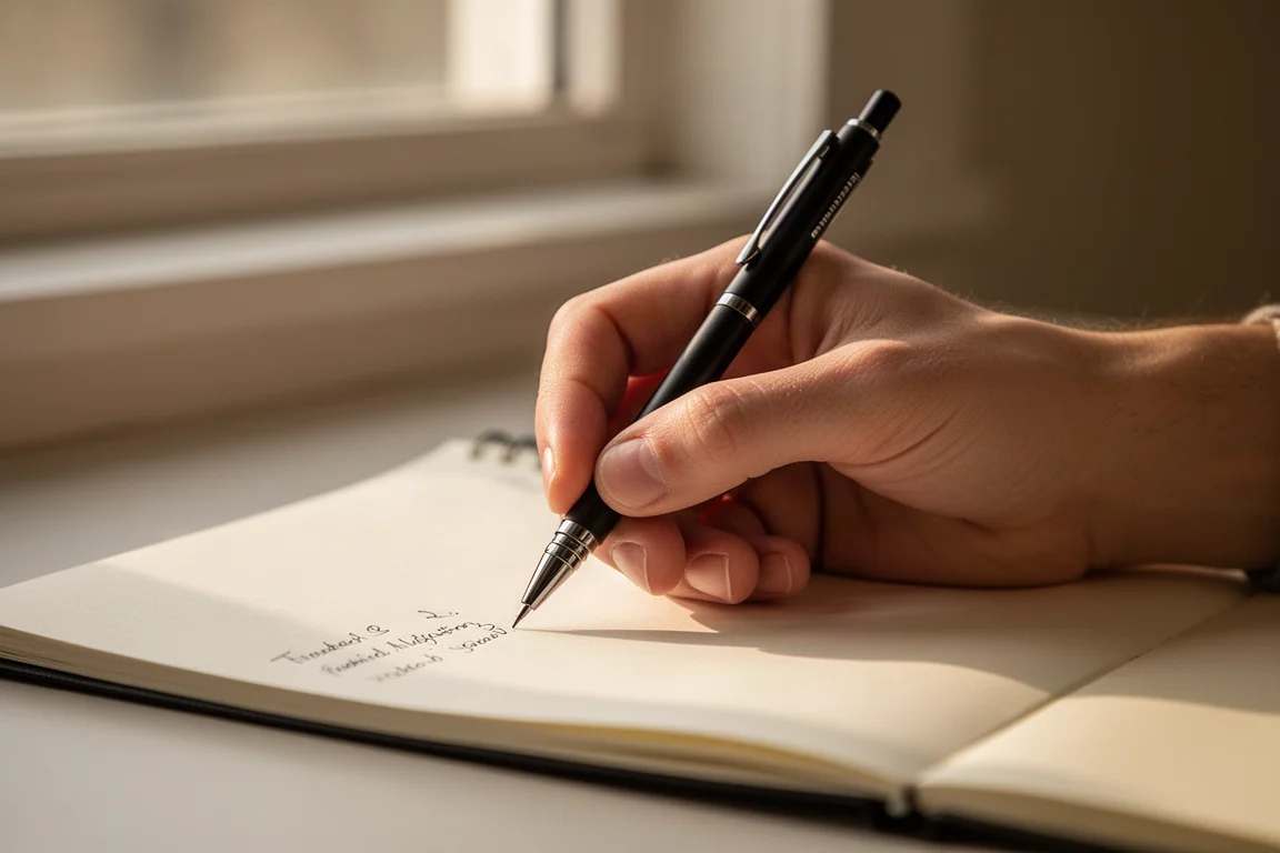 Hand writing notes with a slim mechanical pencil on lined paper in warm light