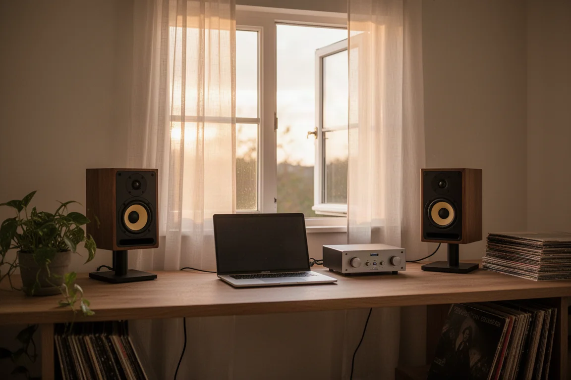 Diffusori compatti su supporti da scrivania in uno studio illuminato dal sole con scrivania in legno e finestra aperta