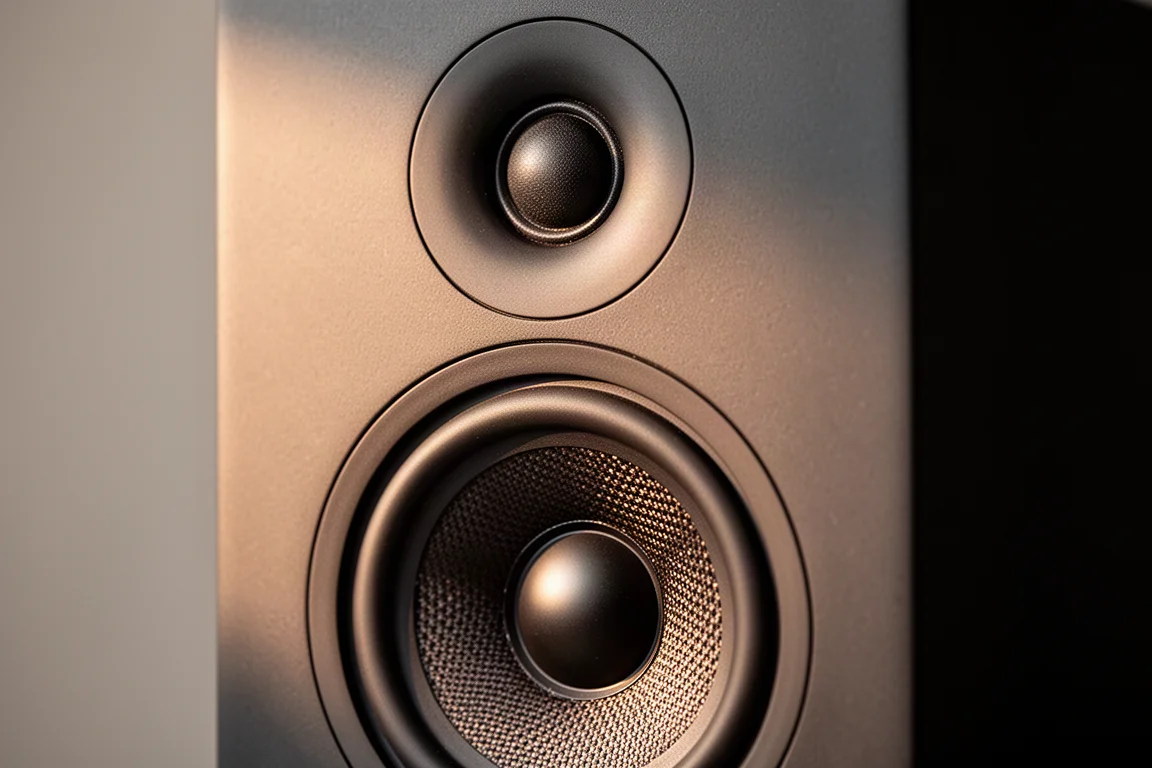 Primo piano di un cono del woofer intrecciato e di un tweeter a cupola morbida illuminati da luce laterale calda