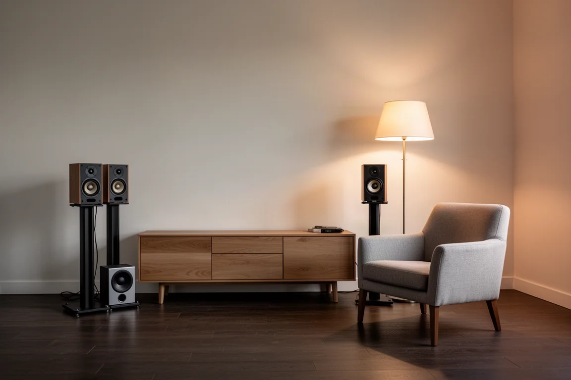 Soggiorno serale con diffusori compatti su supporti, un subwoofer, poltrona e lampada da terra