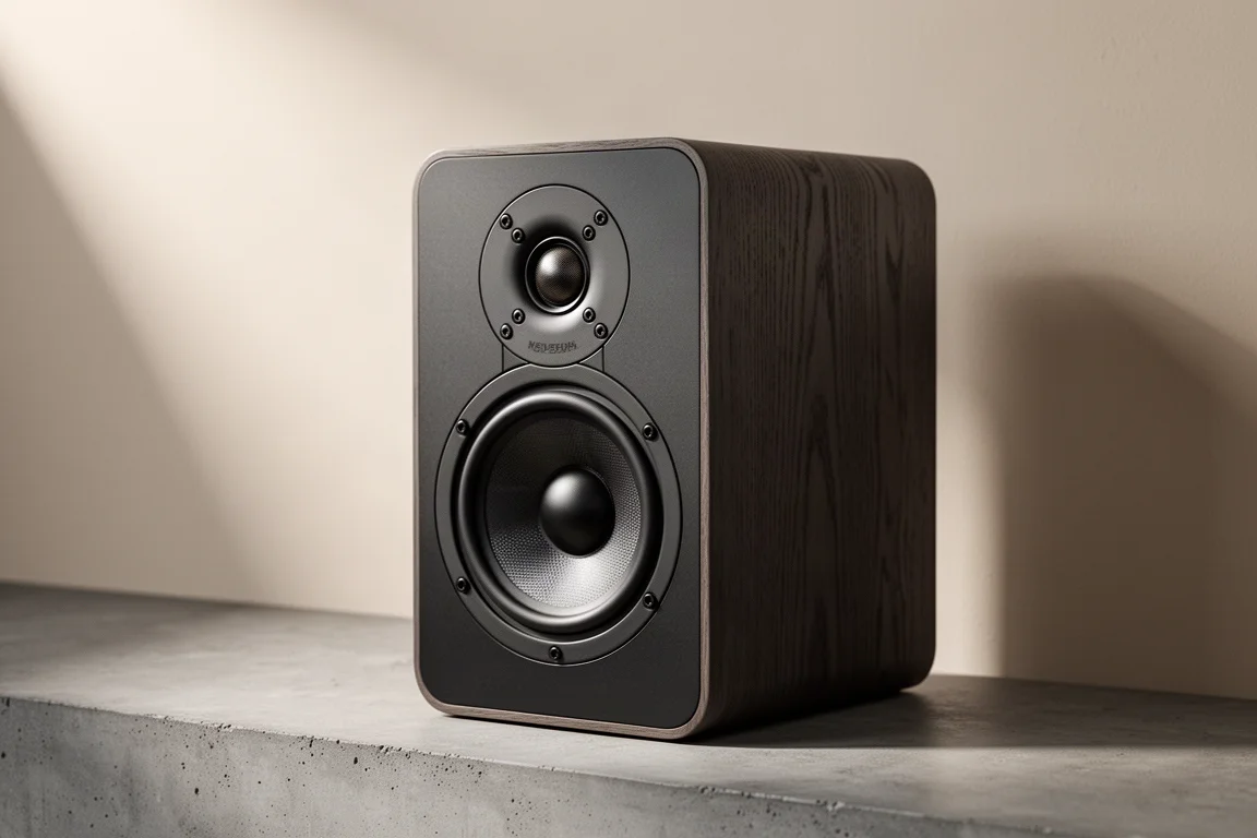 Compact PMC Prodigy 1 standmount loudspeaker at a three-quarter angle on a concrete surface