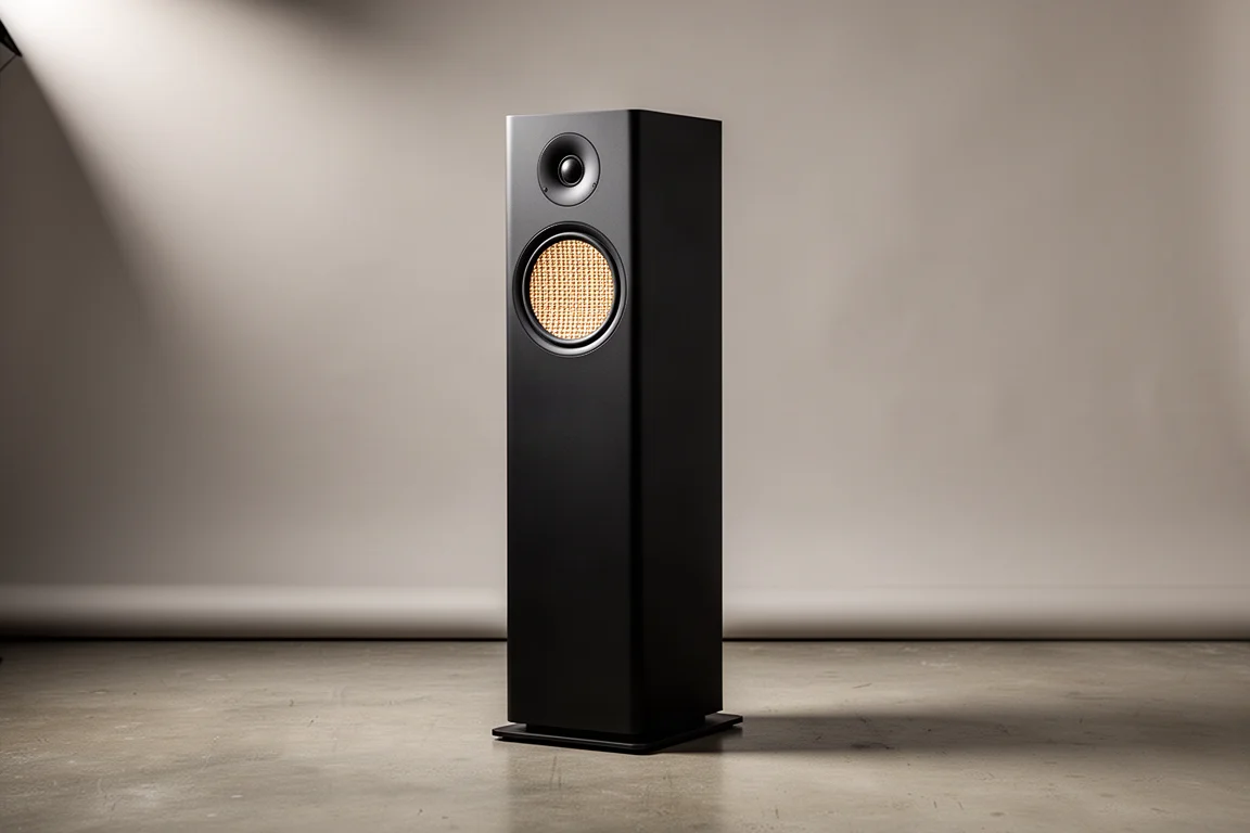 Slim matte black floorstanding speaker in a minimal listening room with a vinyl shelf behind it