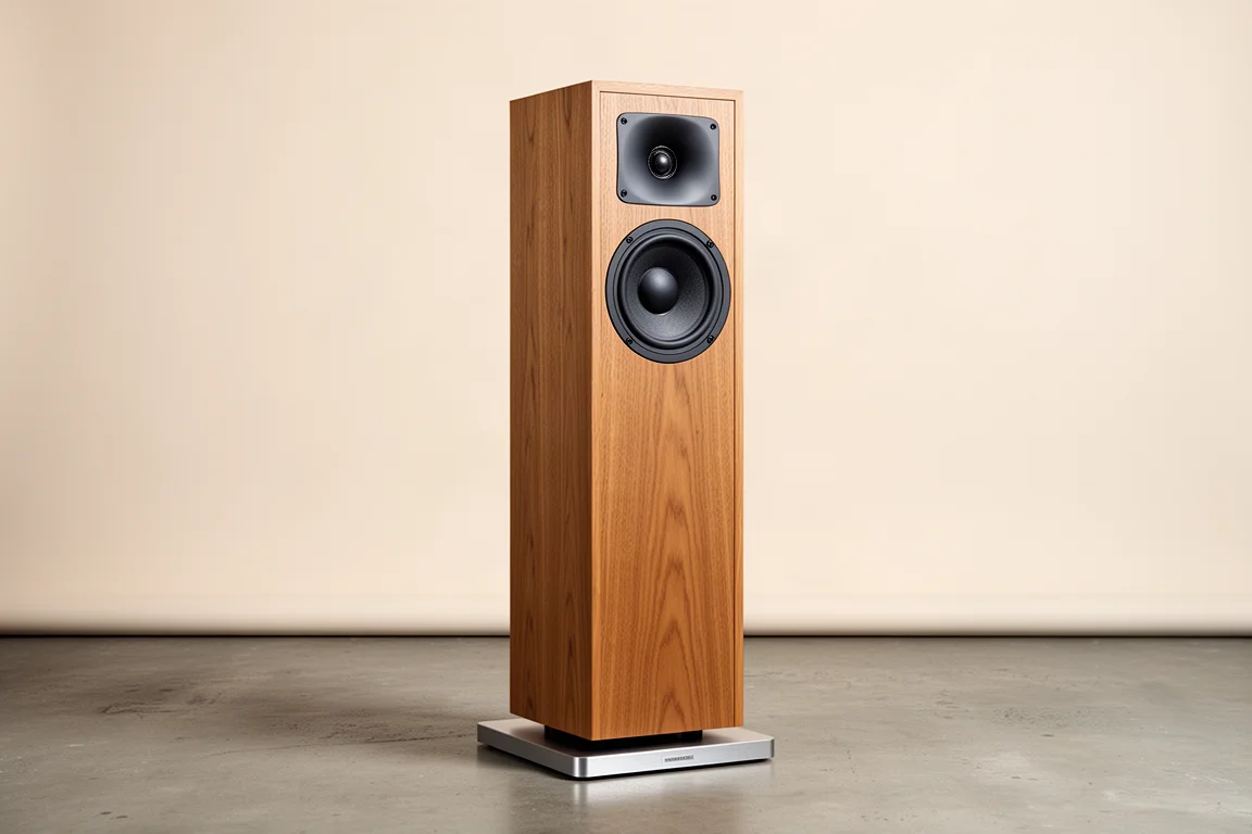Slim oak veneer floorstanding loudspeaker on a brushed aluminium base plate against a neutral backdrop