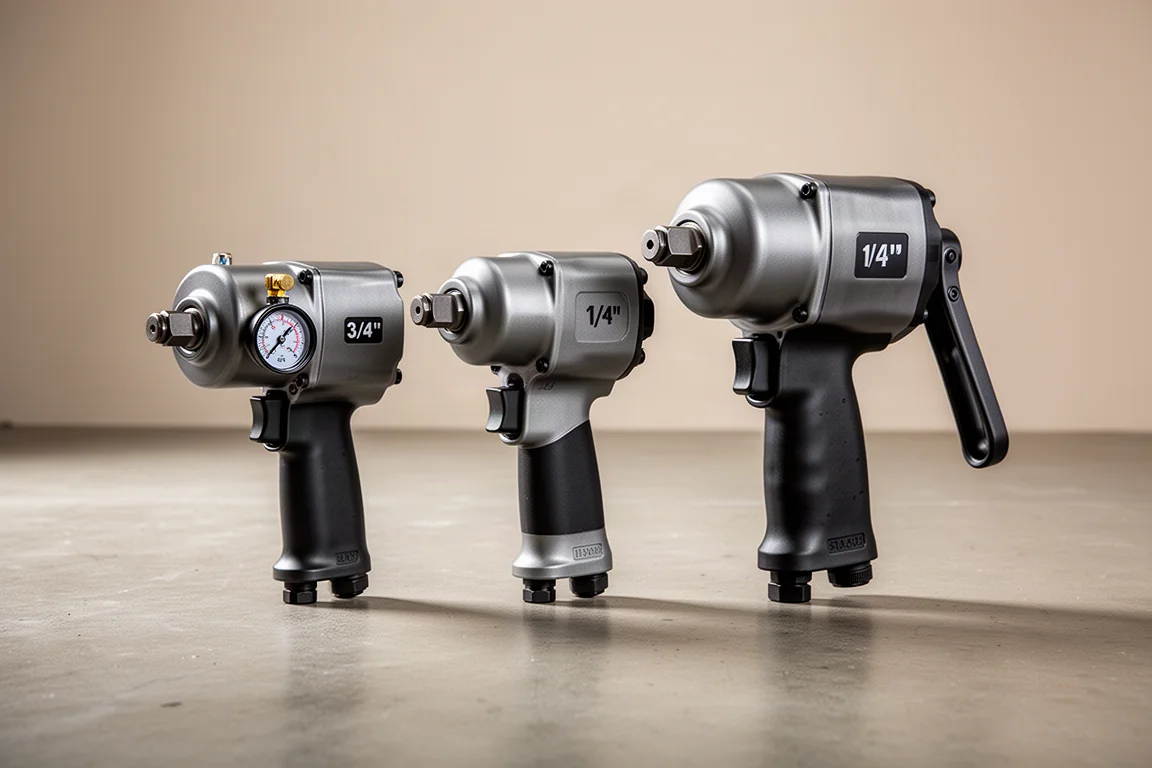 Three pneumatic impact wrenches lined up on a concrete workshop floor