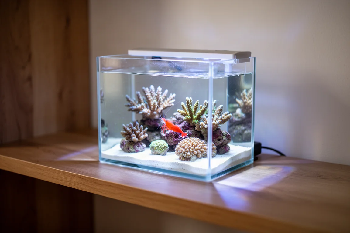 Petit aquarium récifal de bureau éclairé sur une étagère en bois dans une lumière ambiante douce