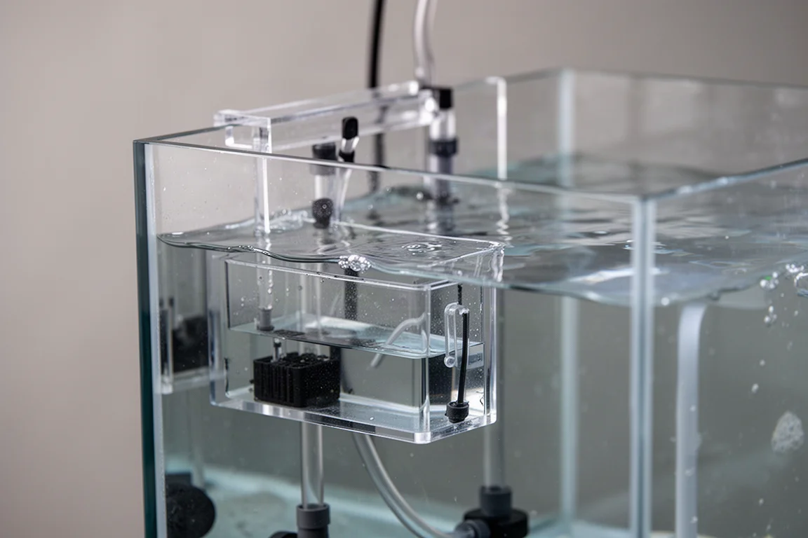Gros plan sur la chambre arrière d'un mini bac récifal et son petit compartiment de sump