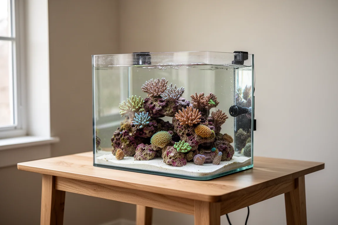 Aquarium récifal de cinq gallons avec coraux sur une table en chêne clair près d'une fenêtre