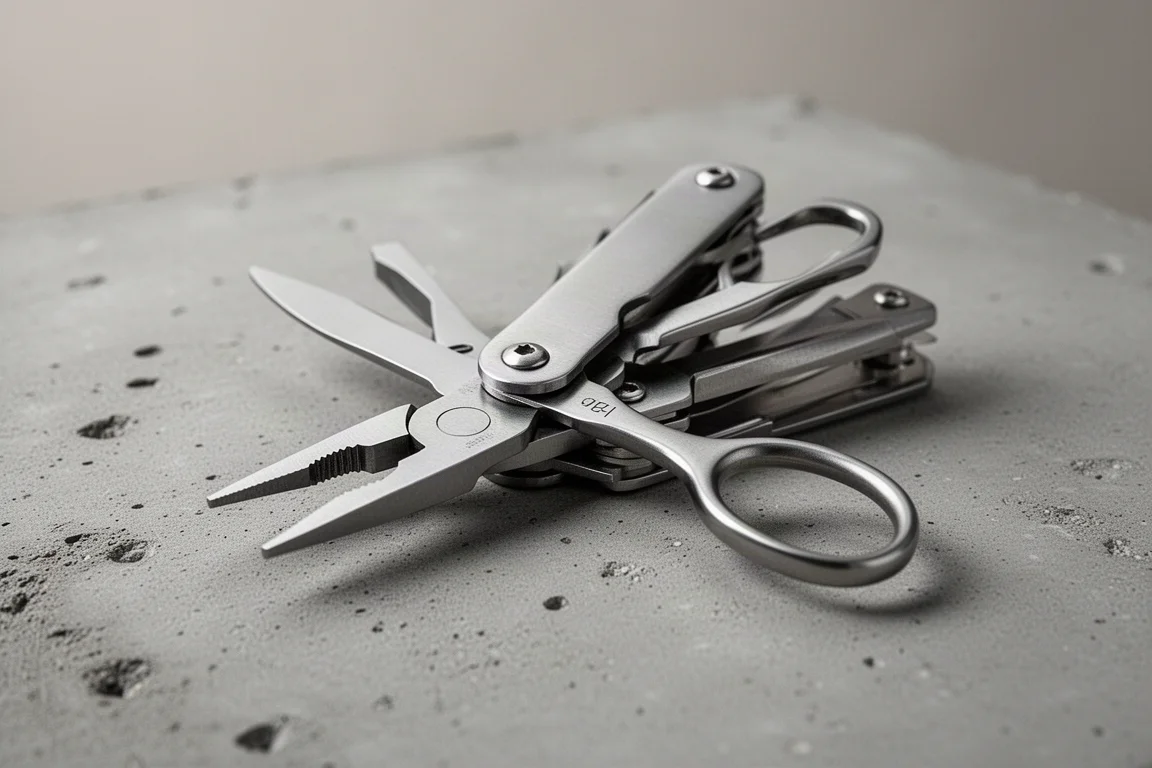 Compacte multitool geopend met tang en schaar op een betonnen ondergrond