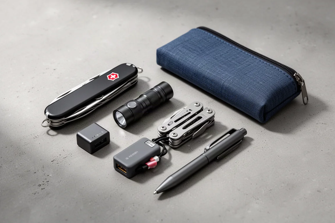 Flat-Lay mit Everyday-Carry-Items: Taschenmesser, Taschenlampe, Multitool, Powerbank, Stift und Reißverschluss-Pouch