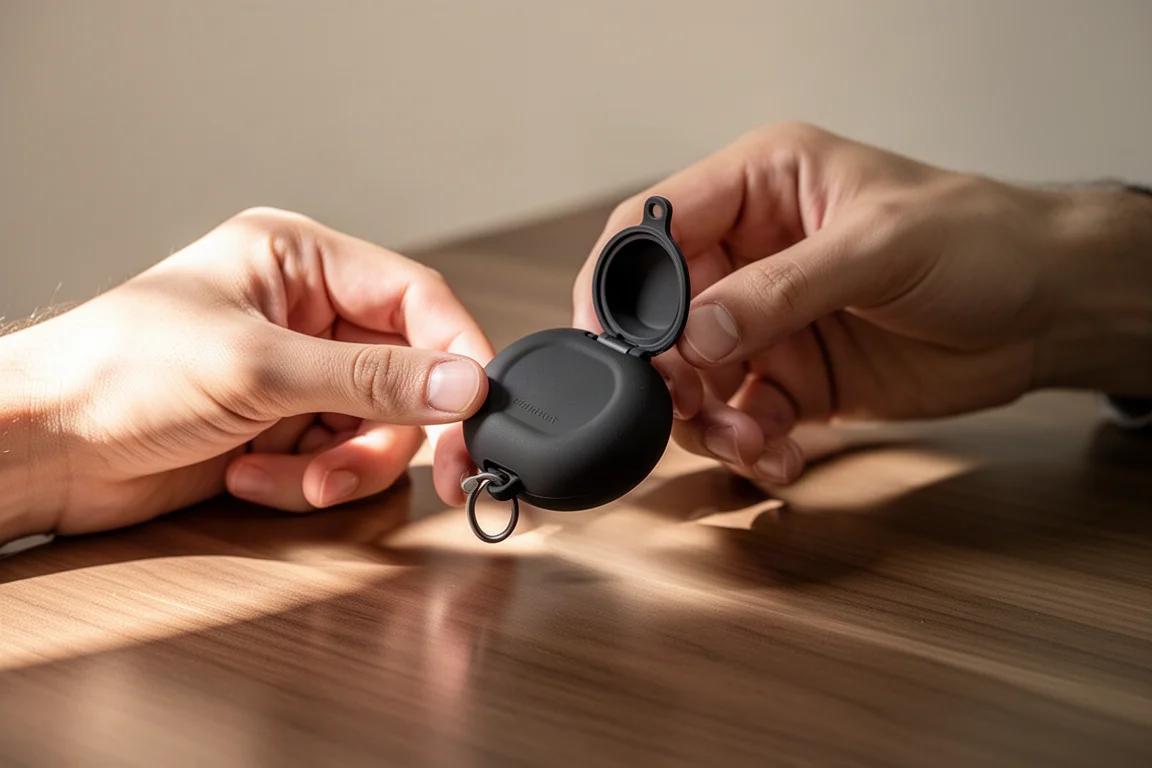 Hands fidgeting with a small magnetic case on a wooden desk