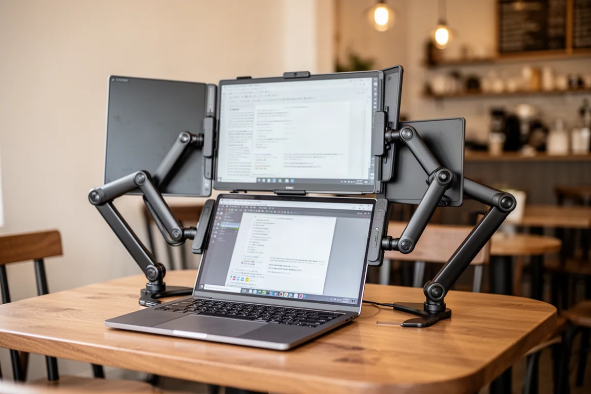 Portable dual monitor setup unfolded on a coffee shop table