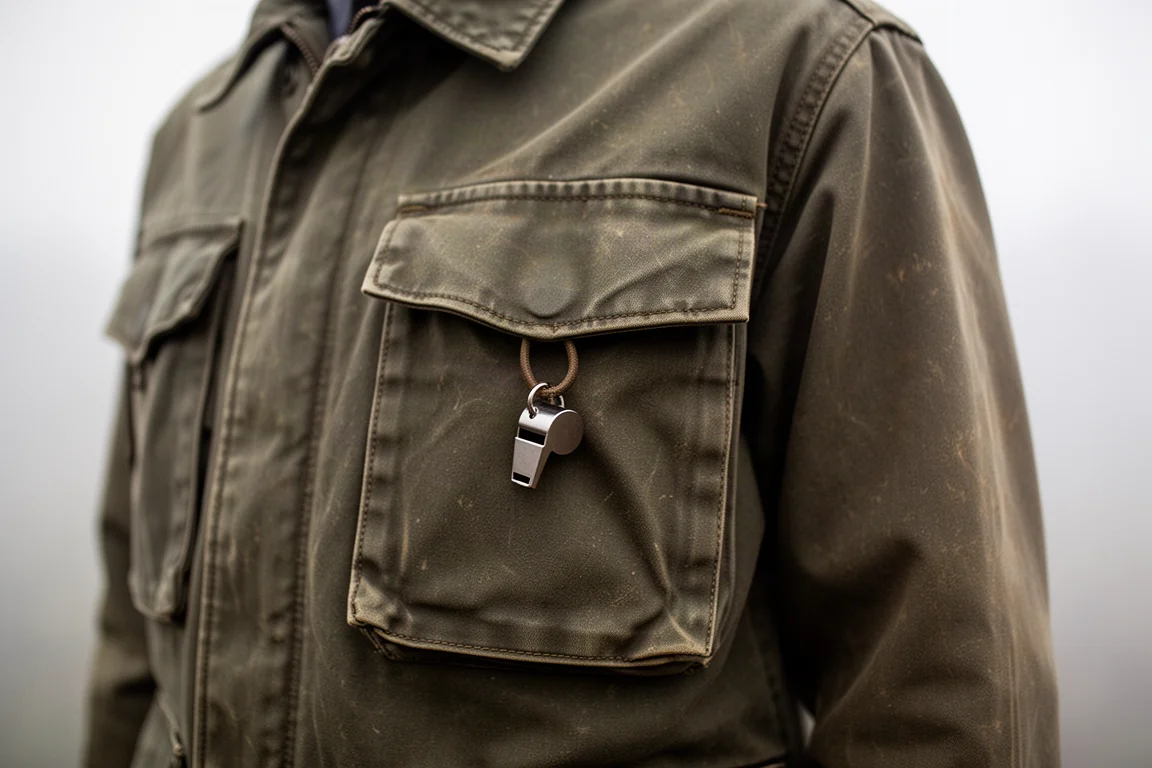 Detail of a waxed canvas jacket pocket with a built-in whistle