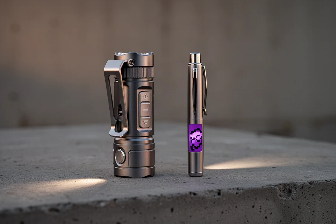 Metal flashlight and slim pen arranged on a concrete surface at dusk