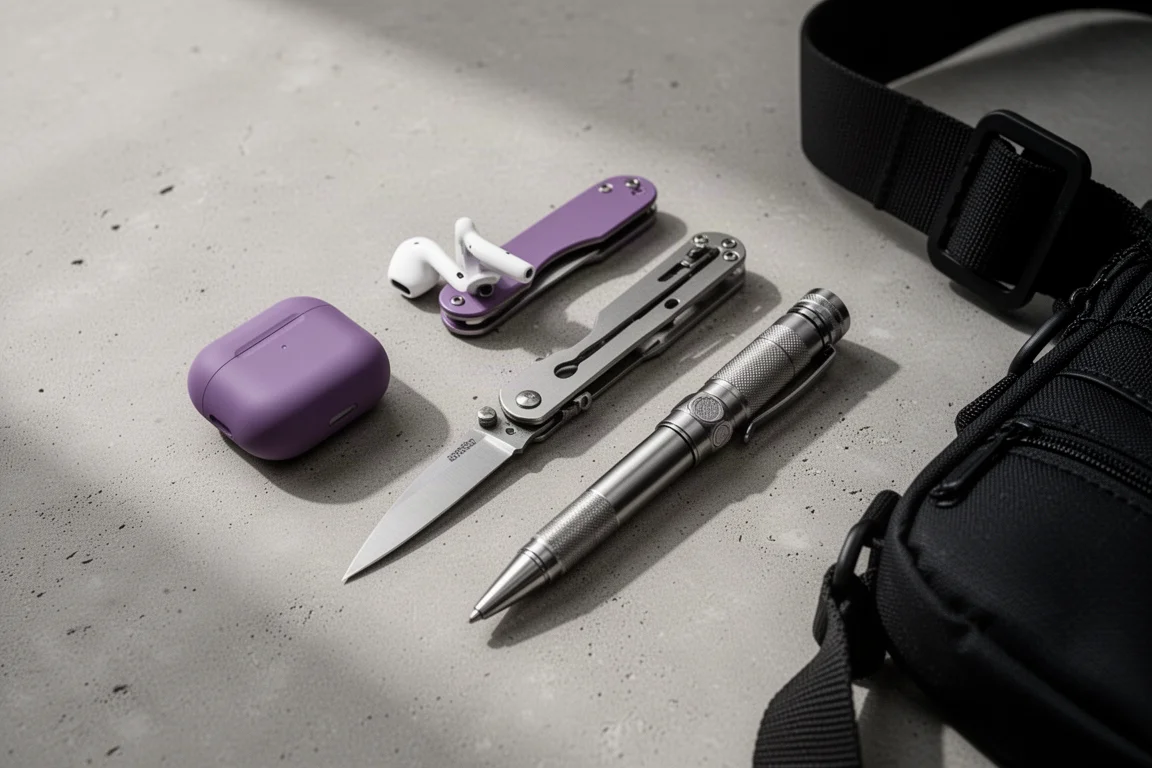 Flat-Lay von Everyday-Carry-Gear mit Case, Messer, Taschenlampe, Stift und Sling Bag auf Beton