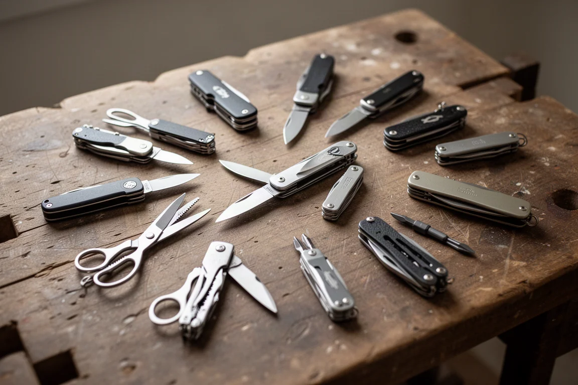 Una disposizione in flat lay di coltellelli e multi-tool vari sparsi su un banco di lavoro