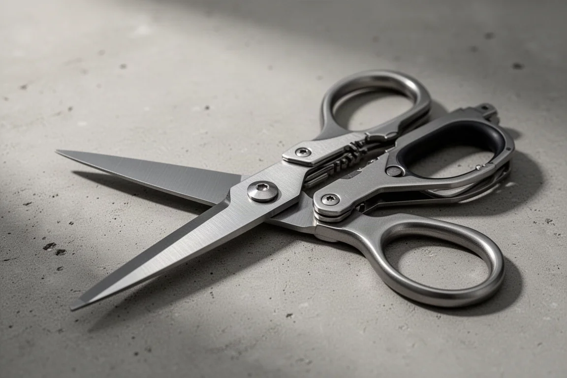 Primo piano di una grande forbice su un coltello pieghevole da tasca