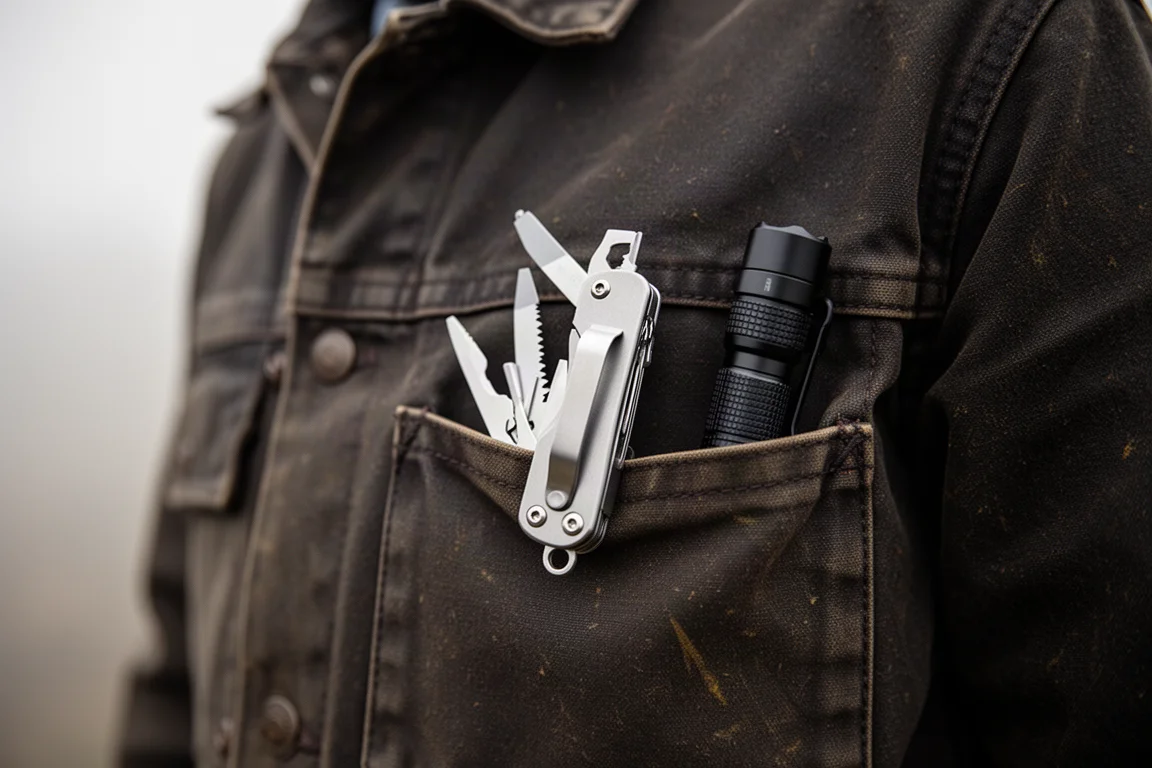 Un coltello da tasca agganciato dentro una tasca di una giacca insieme a una piccola torcia