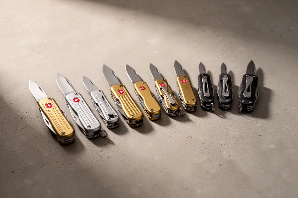 Eine Auswahl von zehn kompakten Taschenmessern und Multitools auf einer Betonfläche