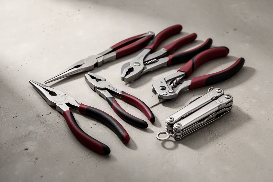 Una raccolta di pinze compatte e multitool disposti su una superficie in cemento