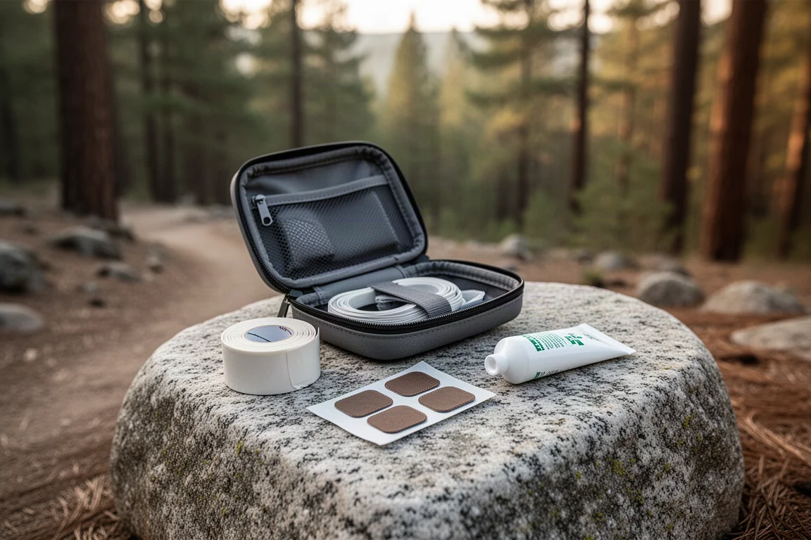 Small first aid pouch open on a granite rock with tape, patches, and ointment visible