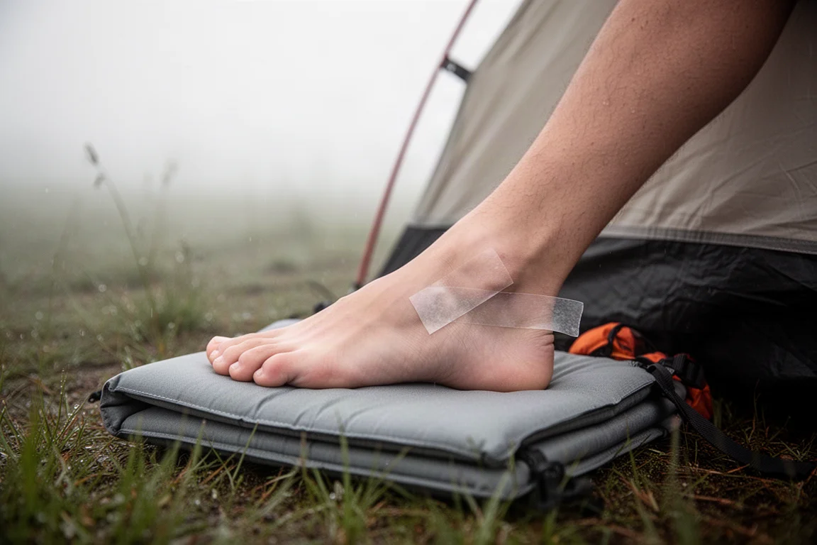 Hiker applying a thin adhesive strip to a heel beside a tent at camp