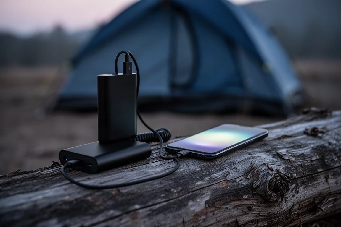 Slim power bank and short cable charging a phone on a log at dusk