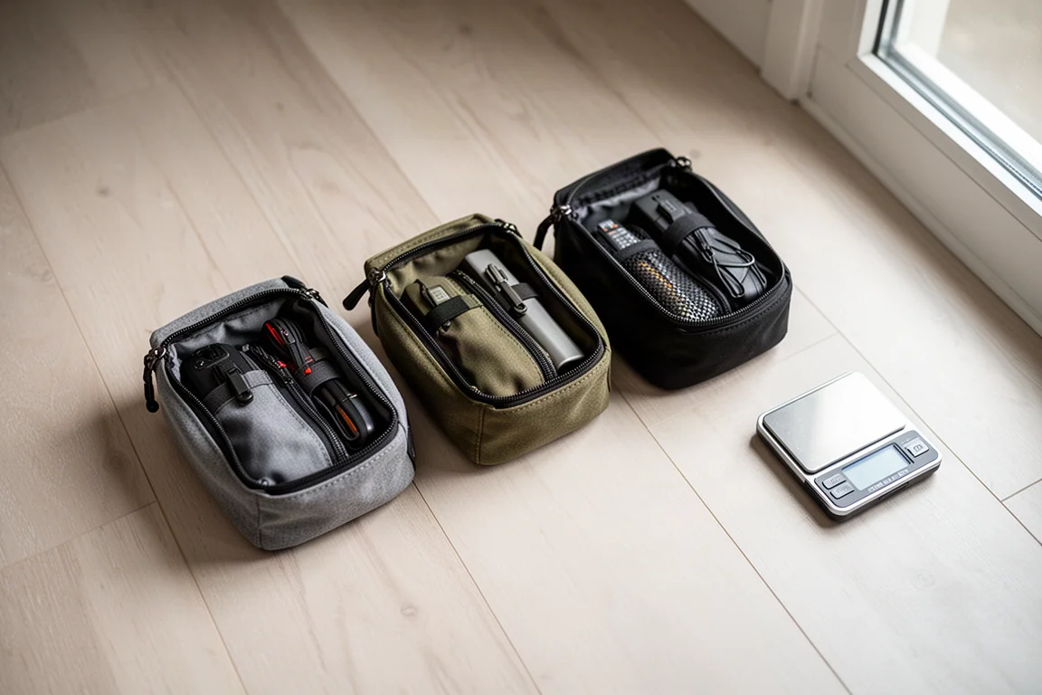 Three small gear pouches weighed and laid out on a wooden floor