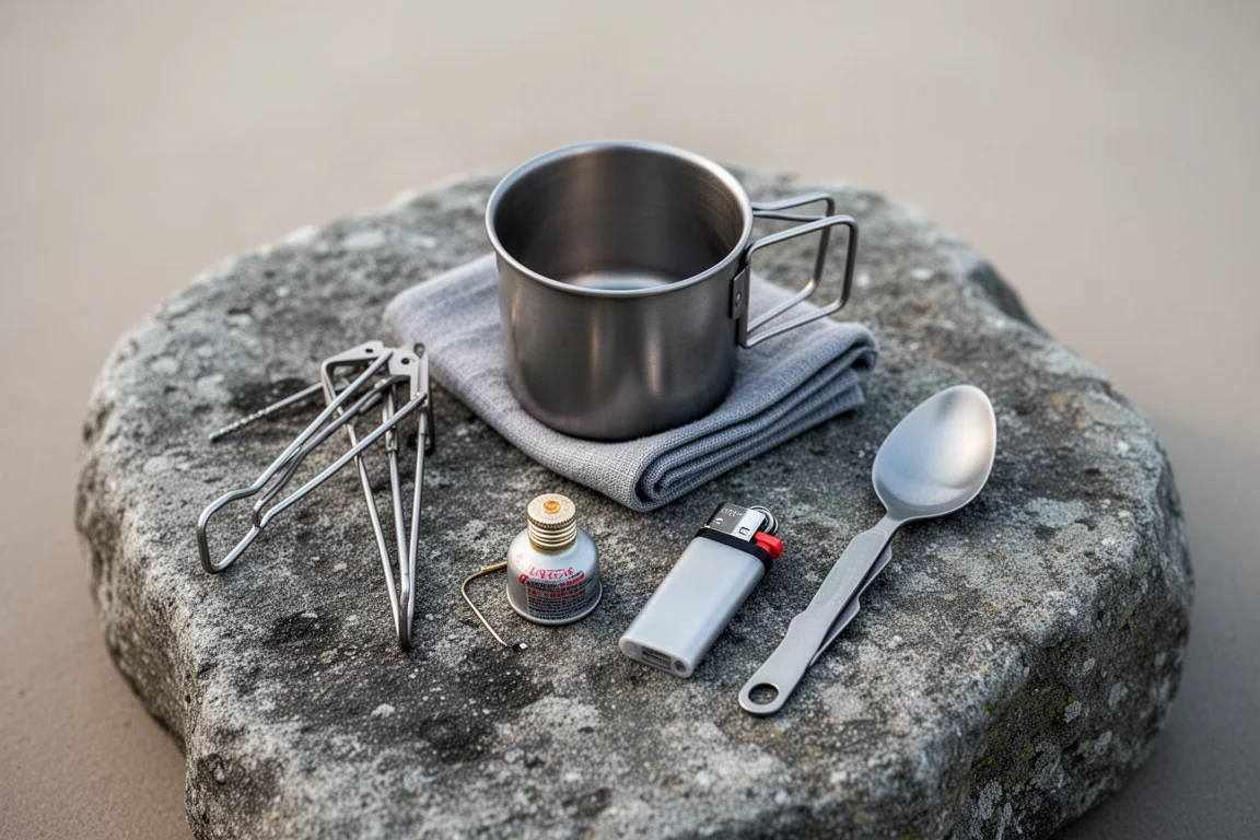 Plat bovenaanzicht van een kleine titanium mok, pannengrijpers, brandstoffles en vouwlepel op steen