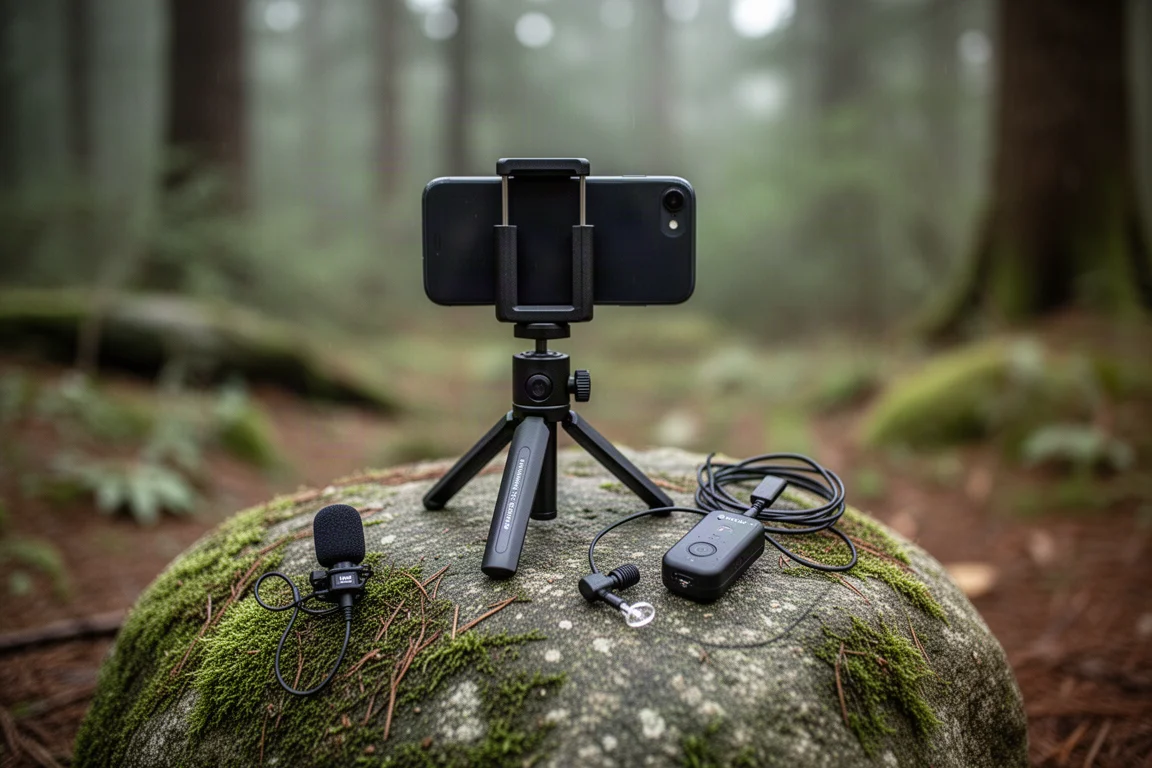 Compact ministatief met telefoon op een met mos bedekte rots en een kleine microfoon ernaast