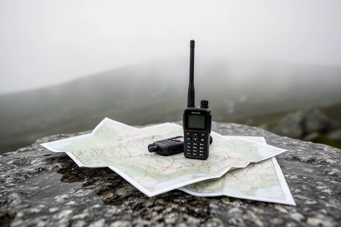 Kleine handheld satellietcommunicator op een gevouwen kaart op vochtig graniet met mistige heuvels