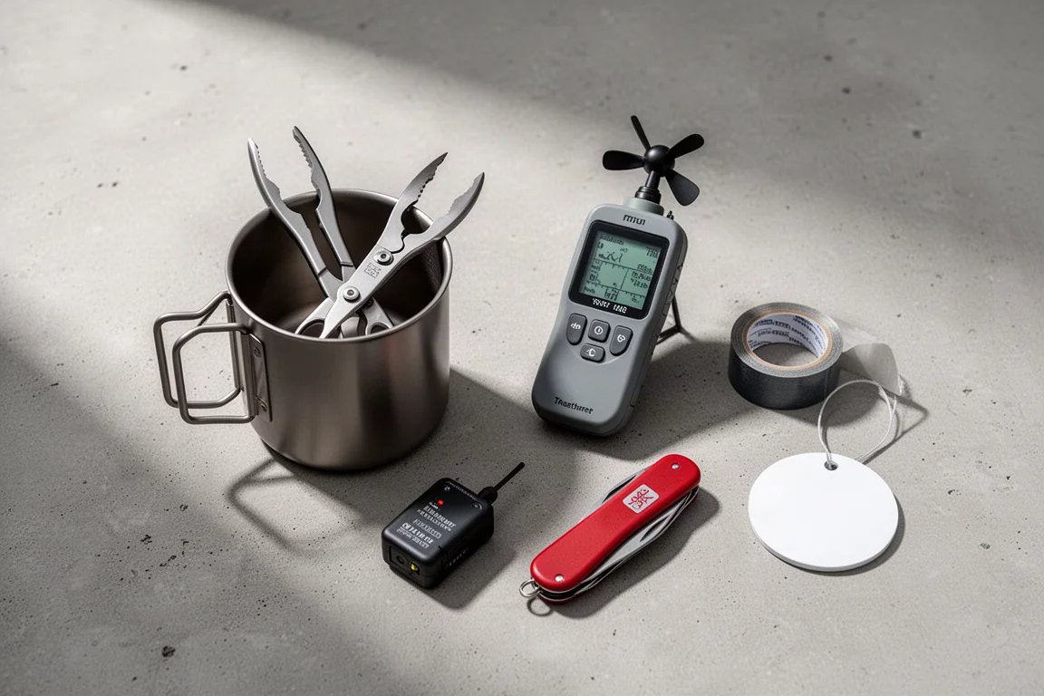 Small camping gadgets arranged on a concrete surface in soft editorial light