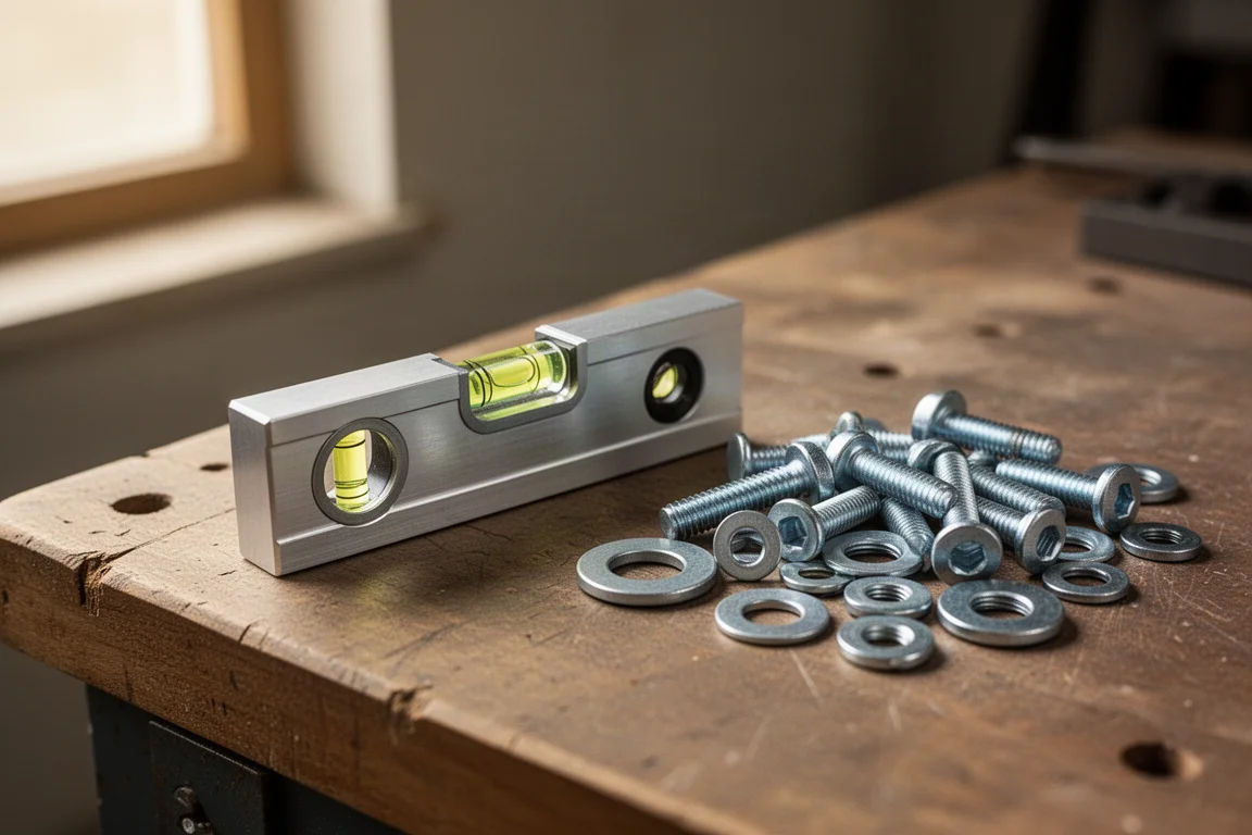 Small pocket level resting on a wooden workbench next to fasteners