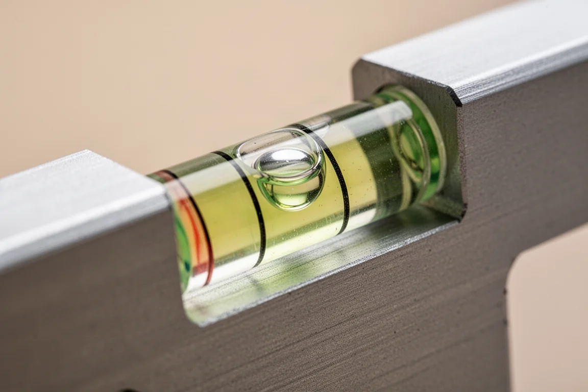 Close-up of a spirit level vial with visible bubble