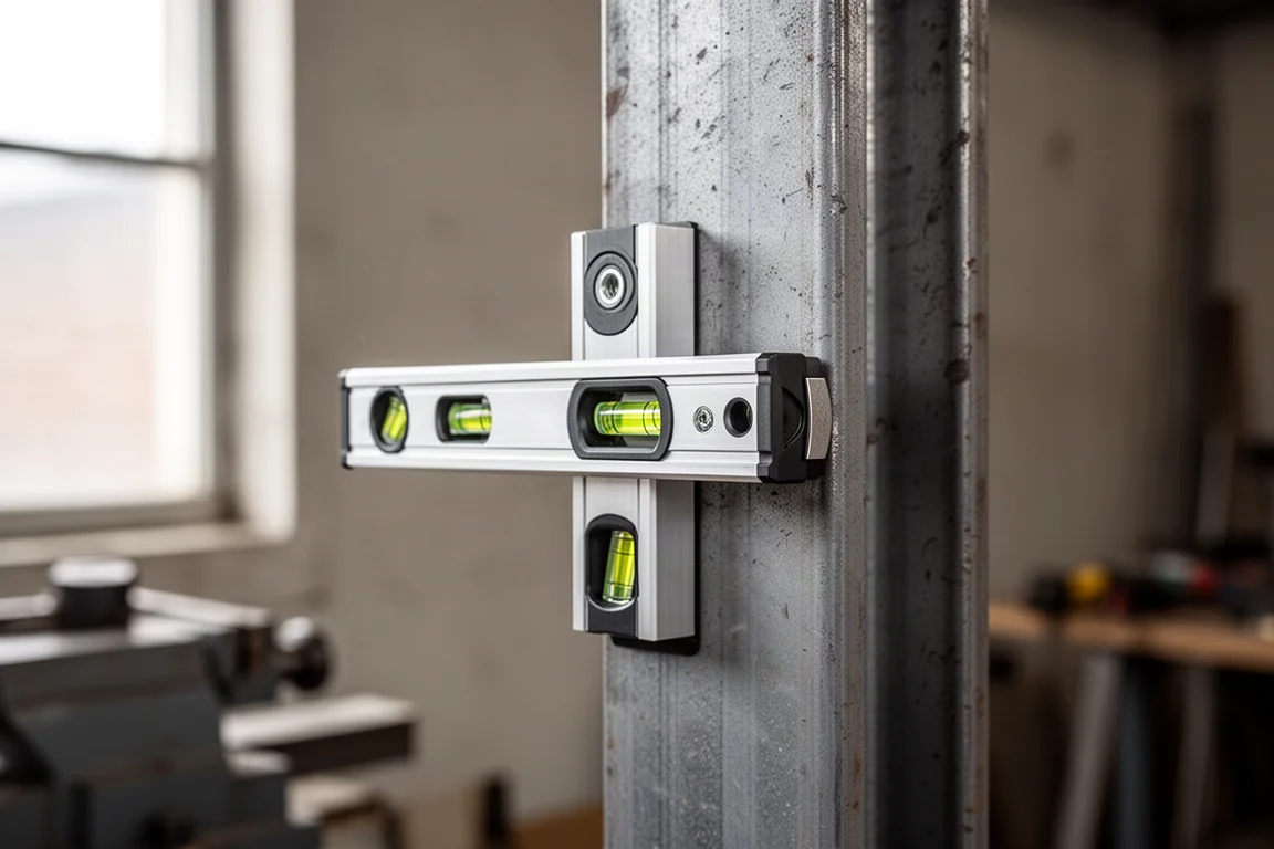 Torpedo level magnetically holding onto a vertical steel surface