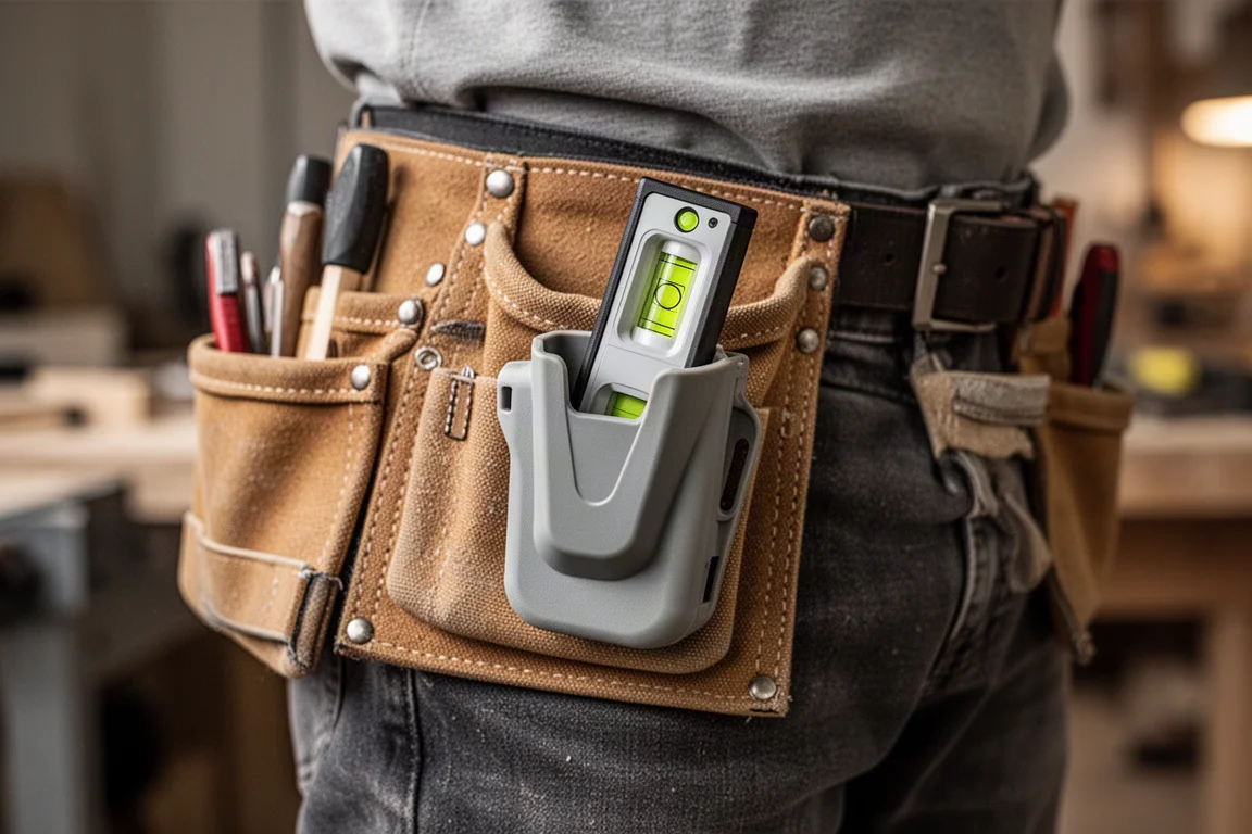 Pocket level with a belt holster clipped onto a tool belt