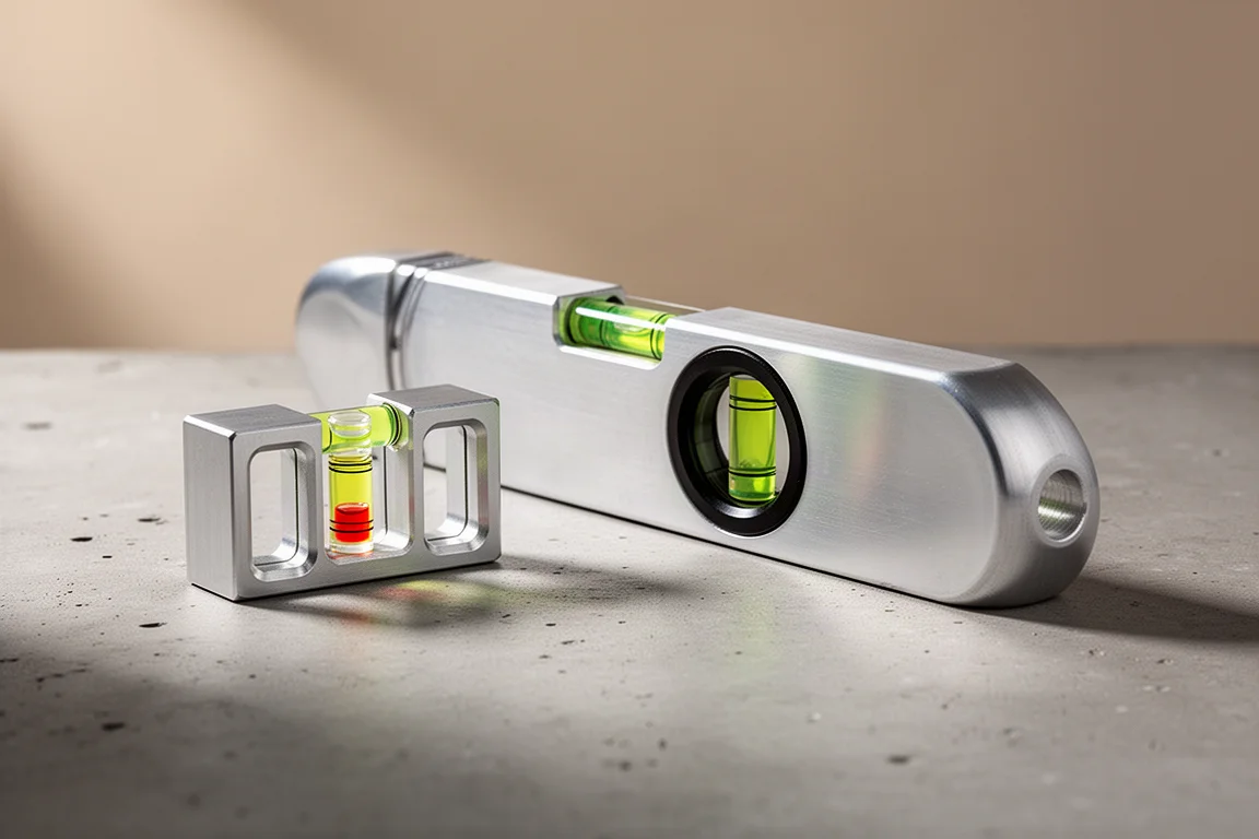 Two compact torpedo-style spirit levels side by side on a concrete surface