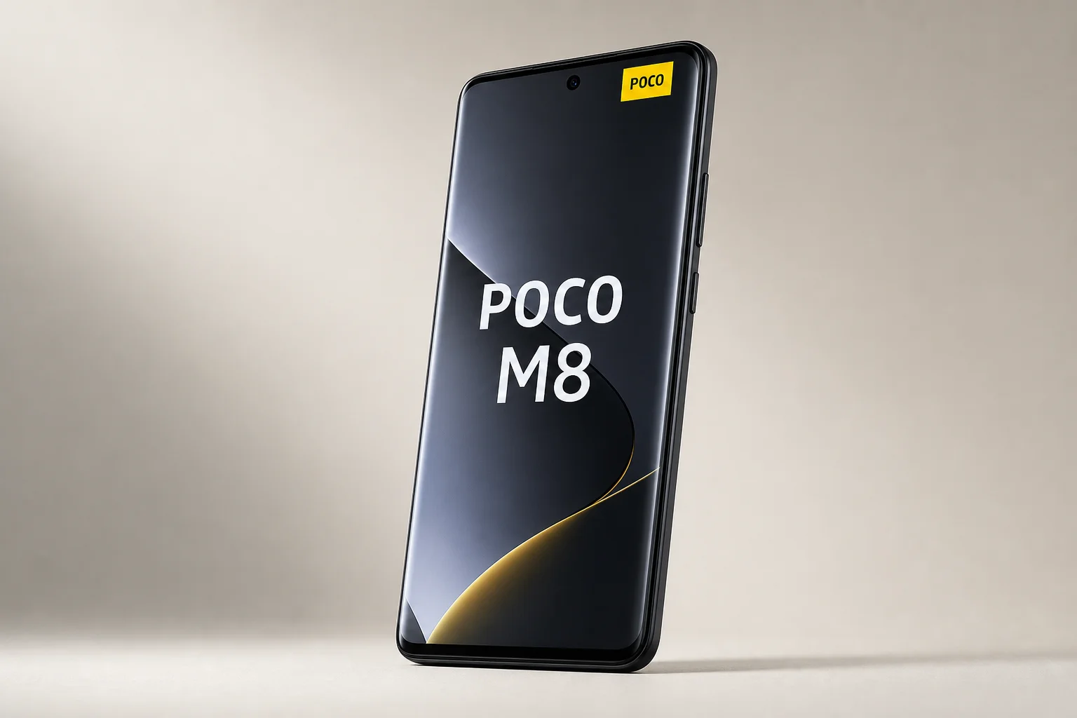 POCO M8 Smartphone mit Curved-Display auf neutralem Hintergrund