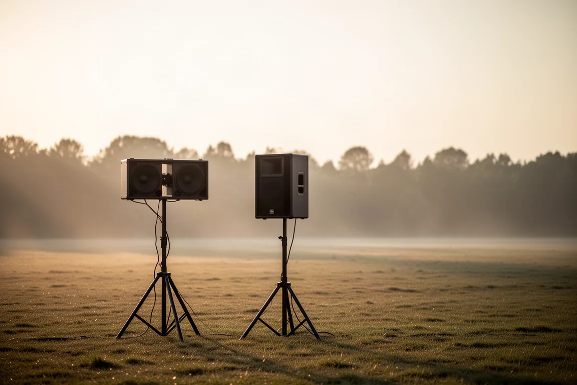 Single PA speaker on a tripod stand in an open field at golden hour