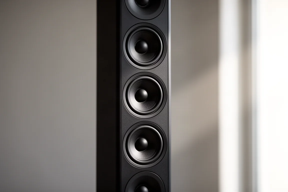 Close-up of a slim vertical loudspeaker column with stacked small drivers