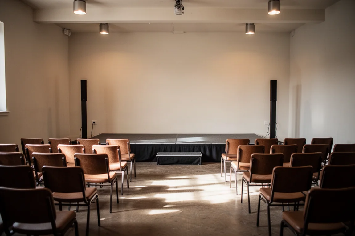 Small live venue with empty seats facing a stage and column speakers