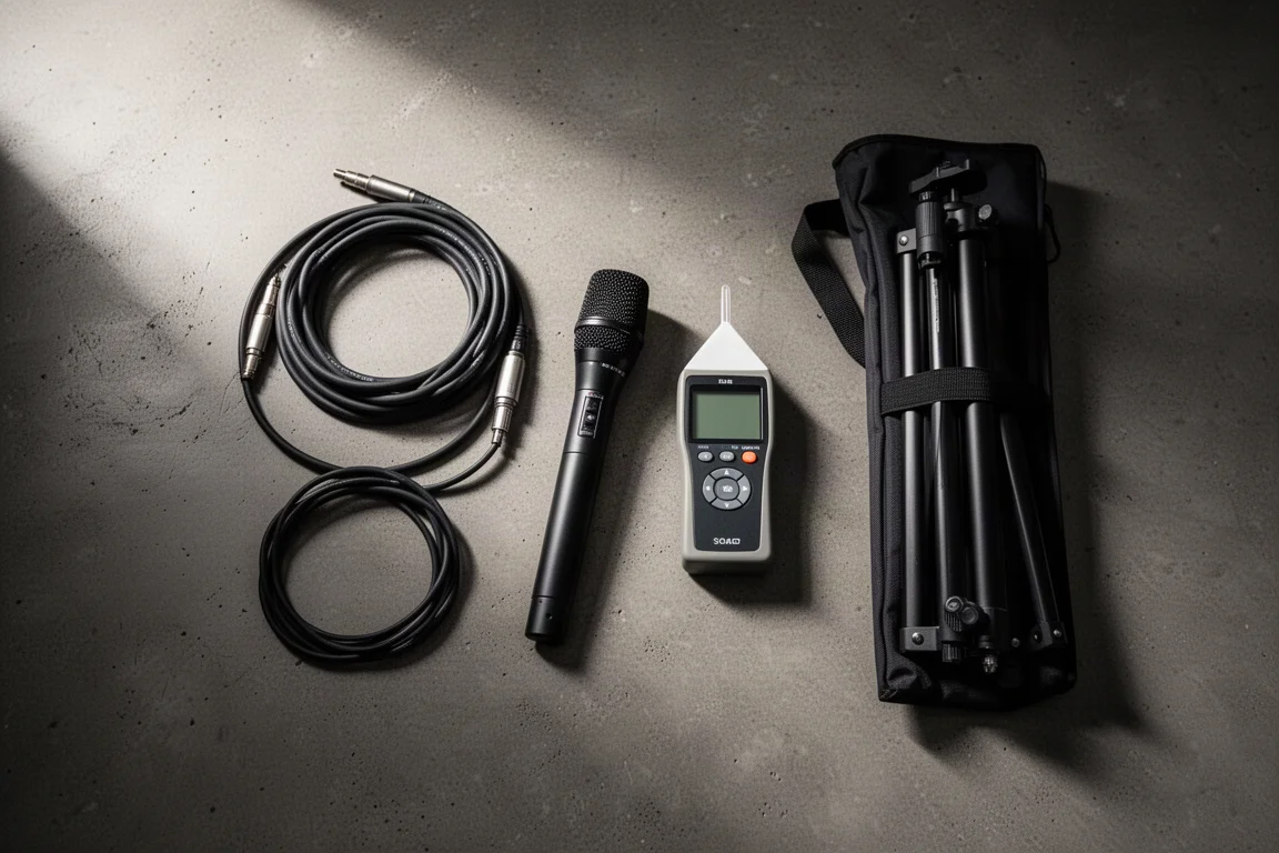 Overhead flat-lay of live sound accessories on a dark concrete surface